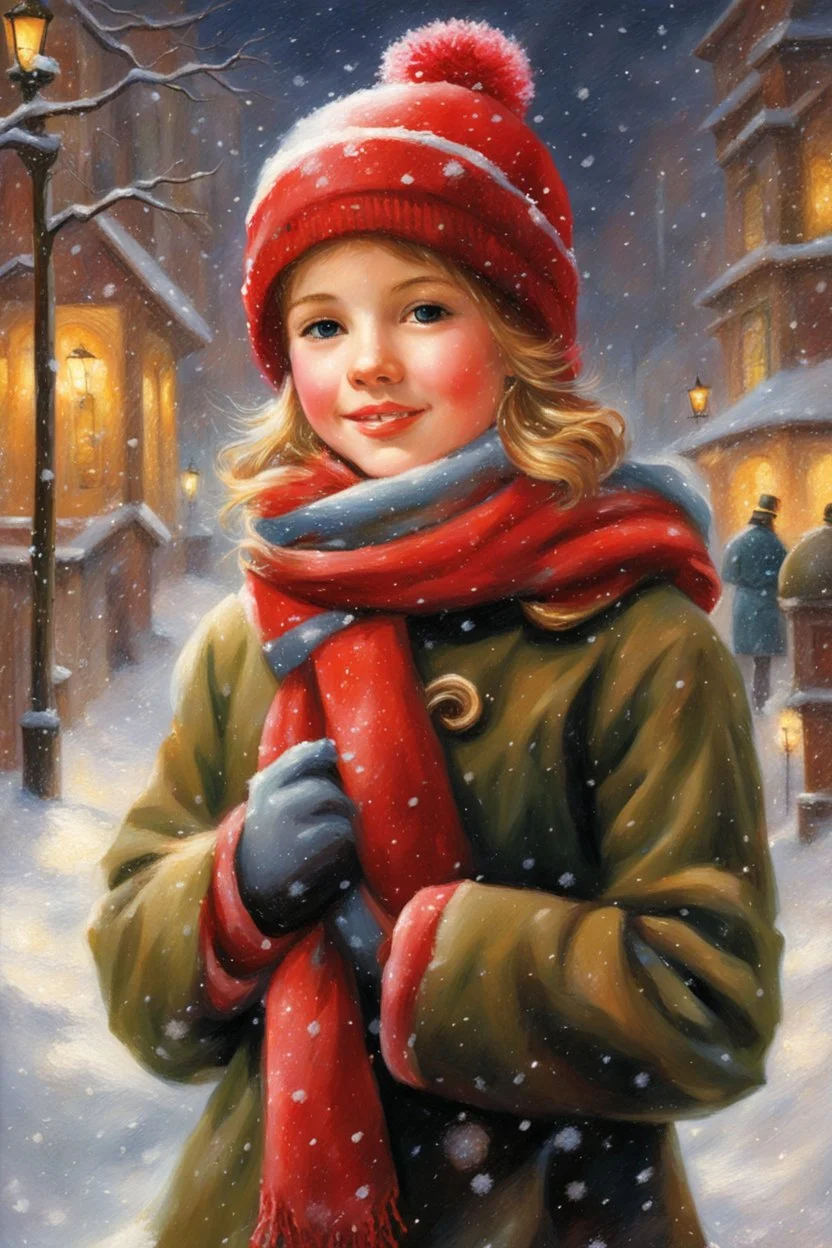 Painting of a cute girl in a red hat and scarf, snowfall in the background, bright night, by Thomas Kinkade