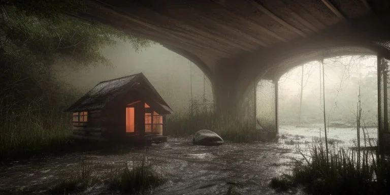 hut abandoned inner between moutain, long exposure photography, swamp, water, glass, fog, highly realistic, highly detailed, intricate, 8k