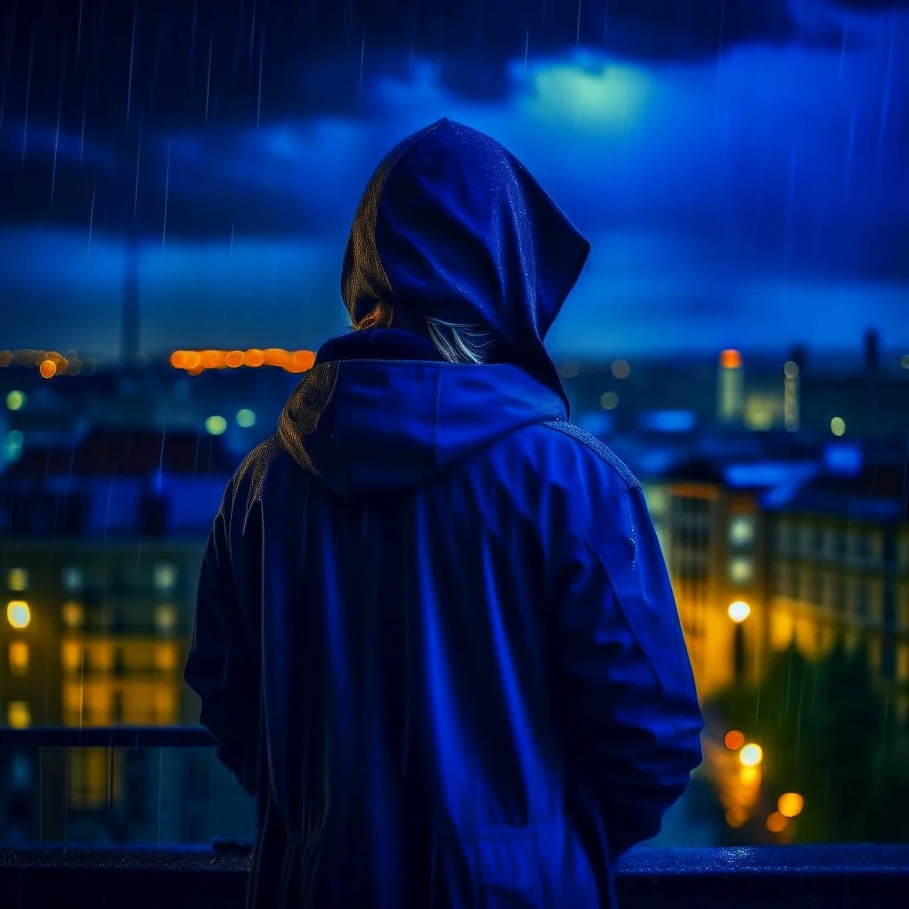 girl in a raincoat, viewed from behind, watching the empty city, at midnight, dark grey colours, rainy, atmospheric, photo quality