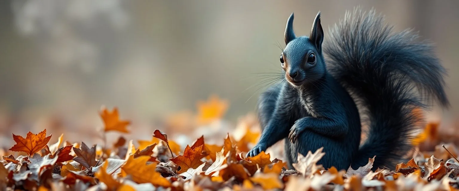 portrait of a shiny black dragon squirrel in autumn, breathing smoke