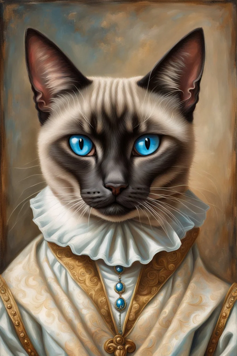 Portrait Renaissance Portrait of a female Siamese cat wearing classic mediveal gown and veil outfit, oil painting texture, piercing blue eyes, texture background