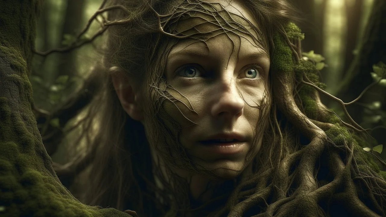 A hyperrealistic portrait of a woman partially merged with nature, her face emerging from a dense tangle of roots and moss. Her skin transitions into bark and textured surfaces, symbolizing a deep connection with the forest. Vines and tree roots wrap around her features, while soft sunlight filters through the canopy above, illuminating parts of her face. Mysterious, ethereal atmosphere, blending surrealism and natural realism. Intricate detail, dark earthy tones, mystical light rays, fantasy fo