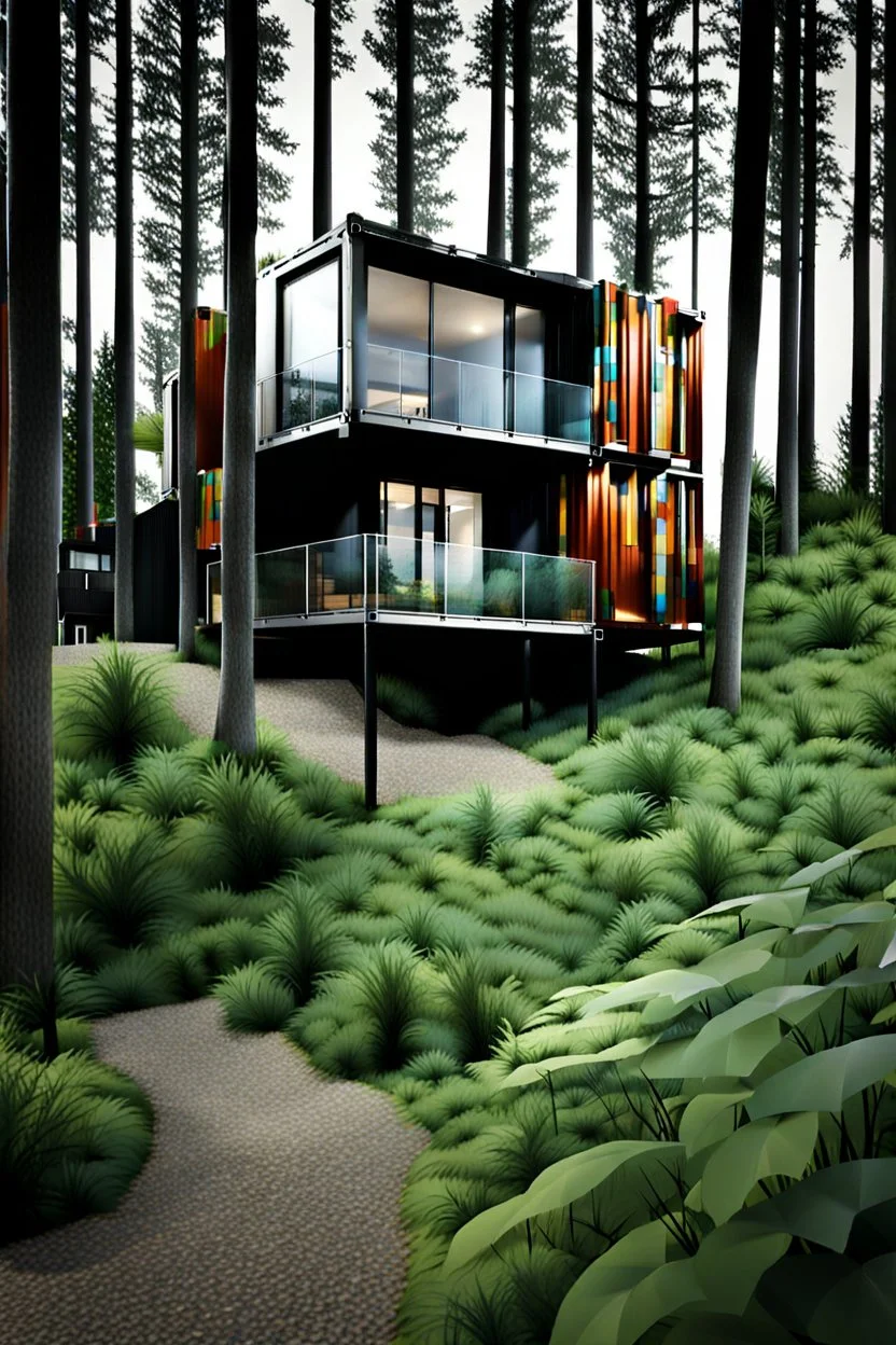 Modern house made from shipping containers, on a hill in the woods, photorealistic