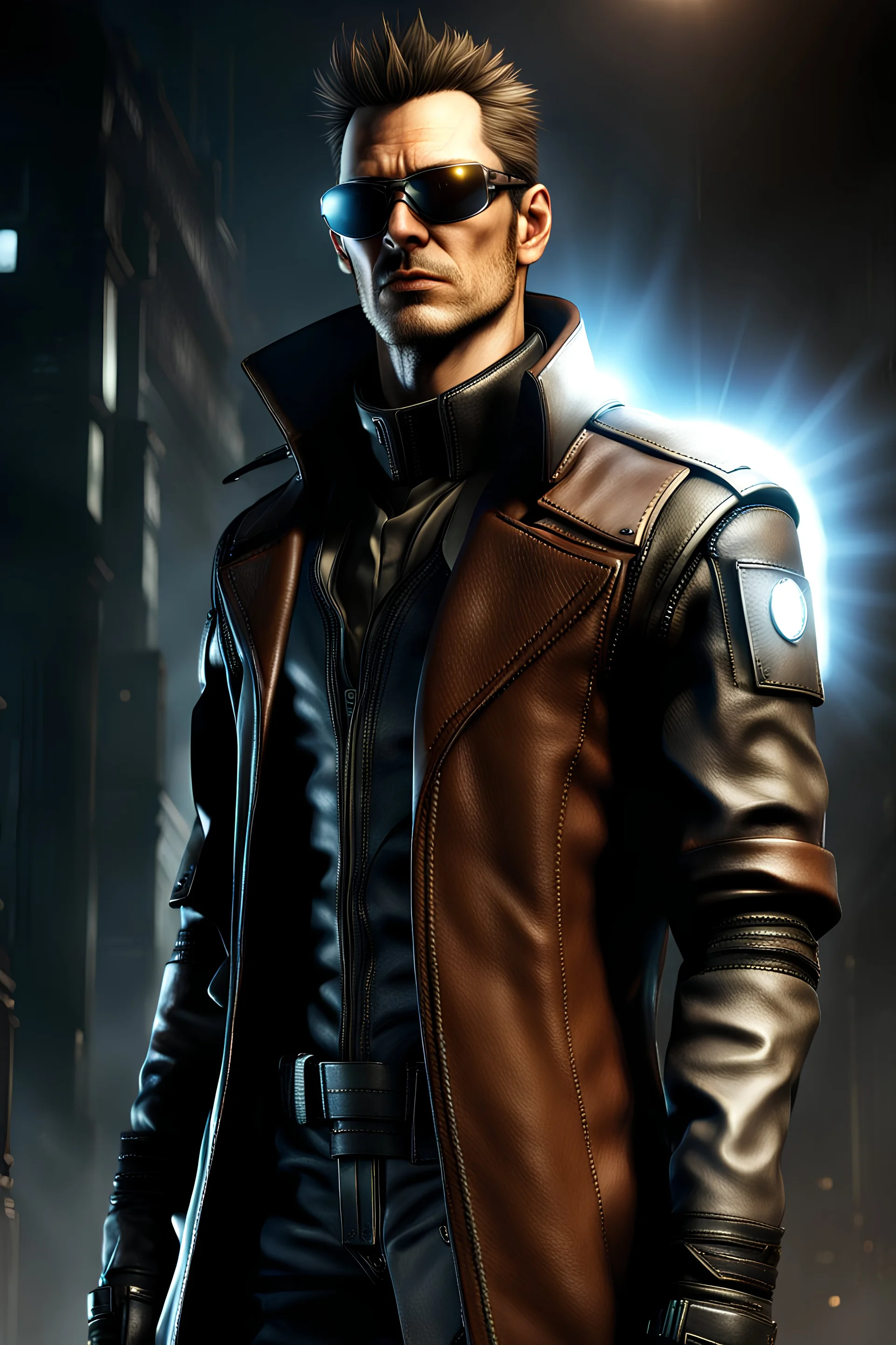 jc denton from teh deus ex game, a male tough character, wearing sun glasses, kevlar vest under the leather long coat. front shot is looking up with the light ray from above