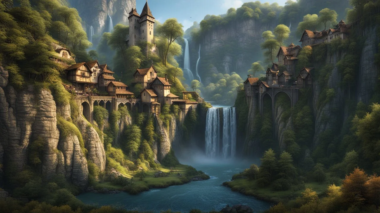 a medieval town at the foot of multiple waterfalls. a steep, narrow, tall cliff ravine. a masterpiece, fantasy concept art, dynamic lighting, hyperdetailed, intricately detailed, deep color, Unreal Engine, volumetric lighting, Epic cinematic brilliant stunning intricate meticulously detailed dramatic atmospheric maximalist digital matte painting