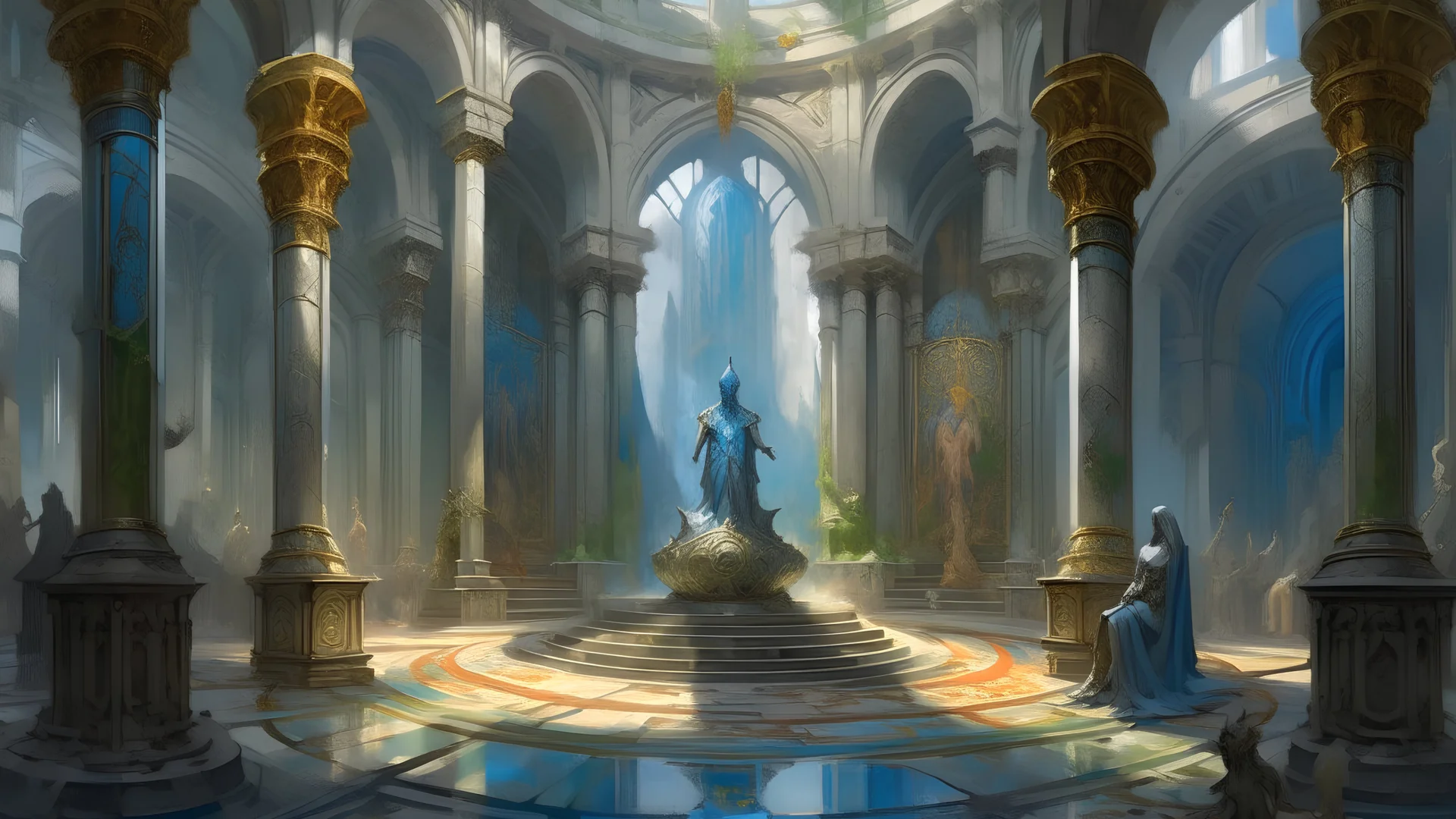a painting of a modern ruins, celebrating a king being crowned, mosaic floor, stained glass windows, godrays, chandelier, pillars of marble, fountain of water, art by JohannesVoss, Donato Giancola, Ron Spencer, Scott Fischer, Aleksi Briclot, trending on artstation