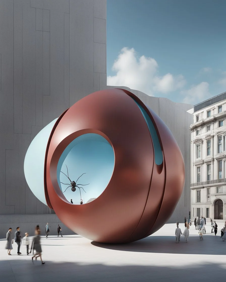 3D representation of architectural wonder, with a concrete design and matte reddish glass that contrasts with the light blue sky, emphasizing organic movement. Its design represents an ant with a bulbous tail and membrane wings with solar panels, its tail is made of concrete and glass. It stands out from pedestrians, creating a sense of scale. In open space, its use is a public place and as a great viewpoint in the mountains Combination of practicality and artistic expression in architecture