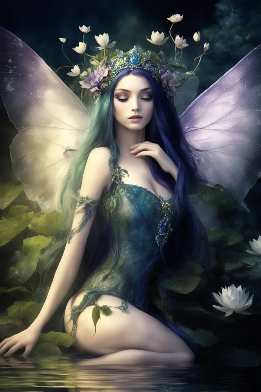 Dark blue hair , tiara, purple hair, dark , fairy,nymph saphire, blue, emerald,rapunzel hair ,enchanted ,,purpleydragonfly,elven crown, gothic,water lilies, lotus,pond,amethyst