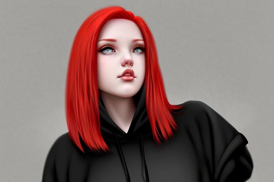 A woman with short, bright red hair, brown eyes, wearing a black hoodie.