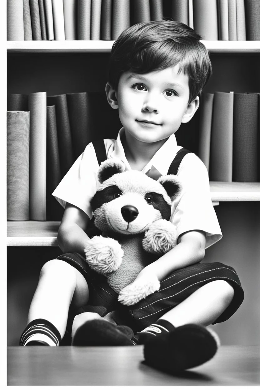 a young boy sitting on a shelf holding a teddy bear,7 years old, shirt