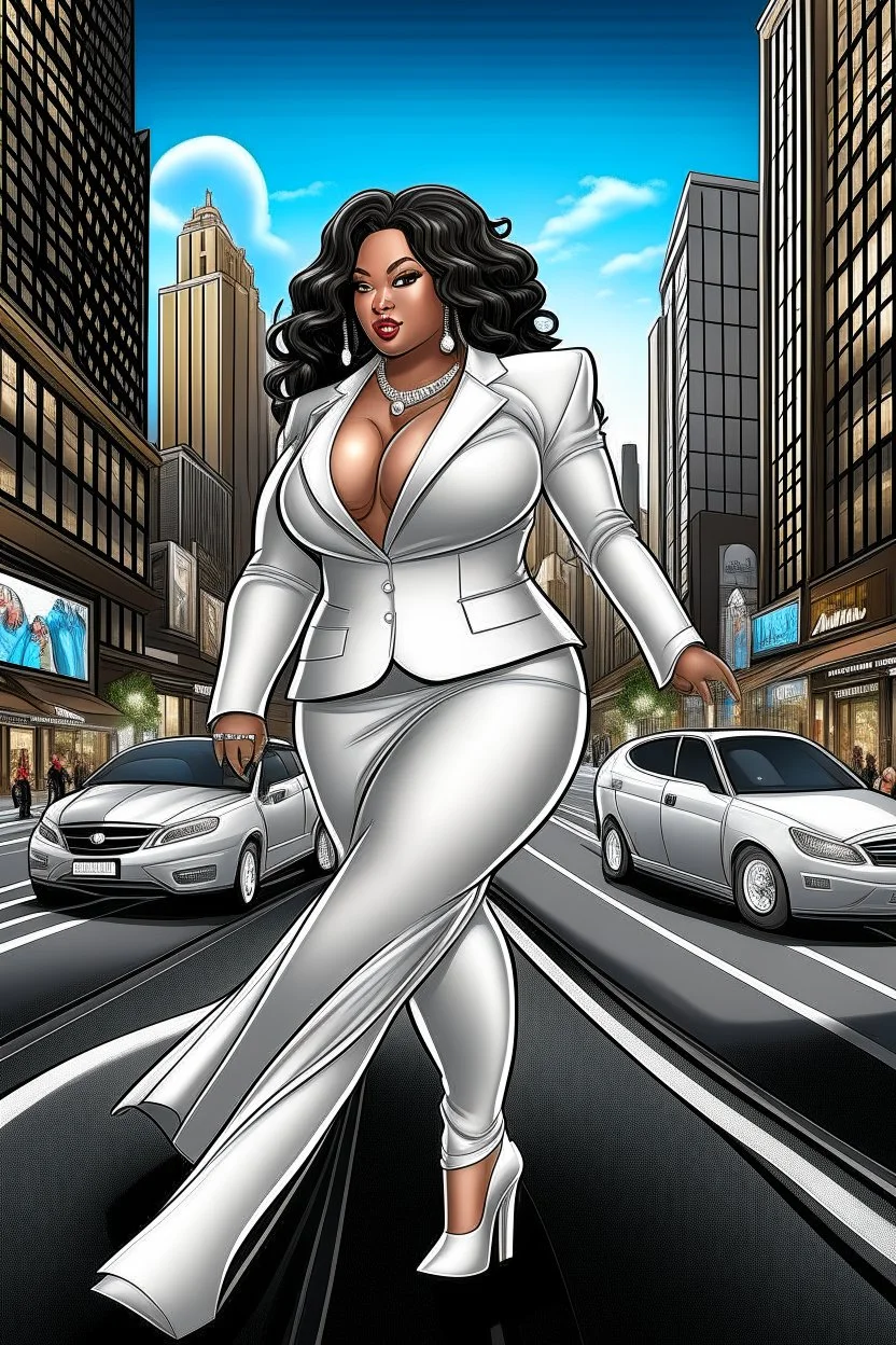 Create a digital airbrush cartoon of a plus size African American female wearing a white business suit with white heels. Prominent make up with hazel eyes. Highly detailed very long extremely curly black hair. She is wearing silver and diamond Jewely that shines of the lights. Her skin is smooth and silky. Background of a busy city street