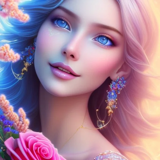 Beautyful smiling young woman, long hair amazing blue eyes, flowers, happy cosmic, bright colors, blue, pink, gold, jewels, realistic, photo real, clear sunny background, highly detailed, high contrast, 8k high definition, unreal engine 5, extremely sharp detail, light effect, sunny light background