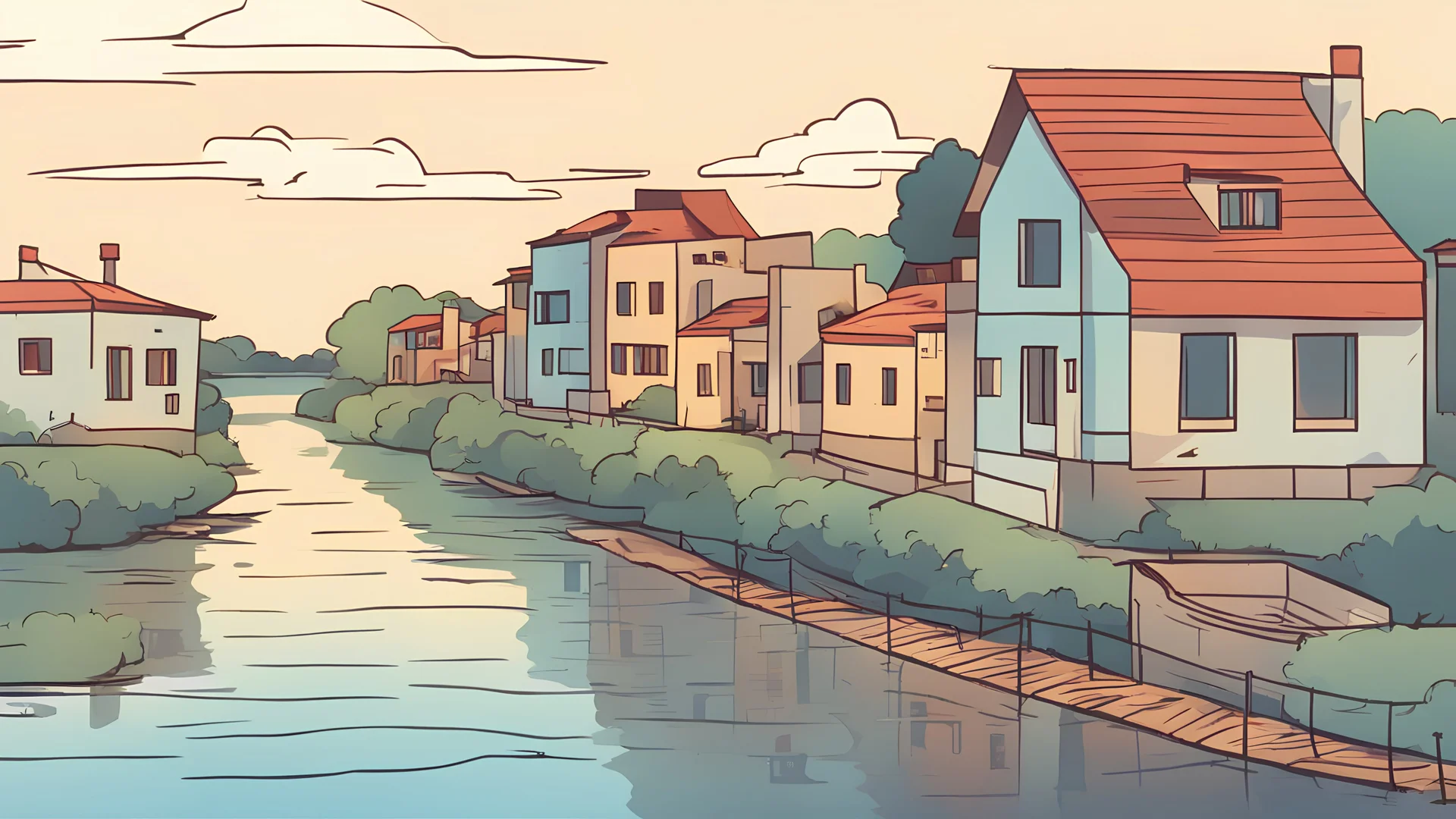 sky,river,houses 2d