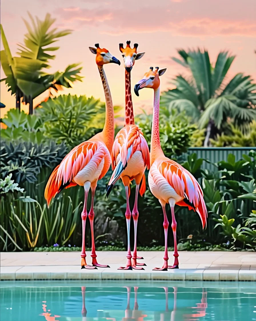 three giraffe-headed flamingos with giraffe neck and head and giraffe pattern standing in a Florida garden at a pool, acrylic and oil, minimalist, cinematic, dramatic, (glitch deconstruction:1.7), centered,, amazing verticals, excellent parallels