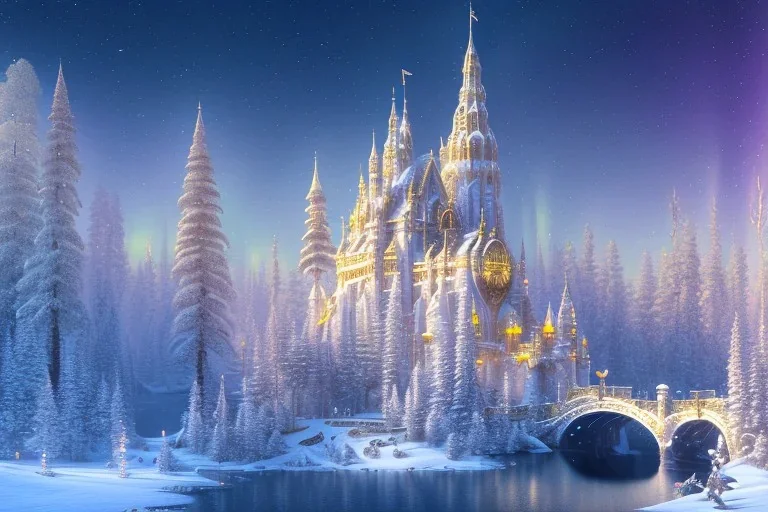  white and gold crystal castle，waterfall, winter snow flakessnow, northern Lights, full of details, smooth, bright sunshine，soft light atmosphere, light effect，vaporwave colorful, concept art, smooth, extremely sharp detail, finely tuned detail, ultra high definition, 8 k, unreal engine 5, ultra sharp focus