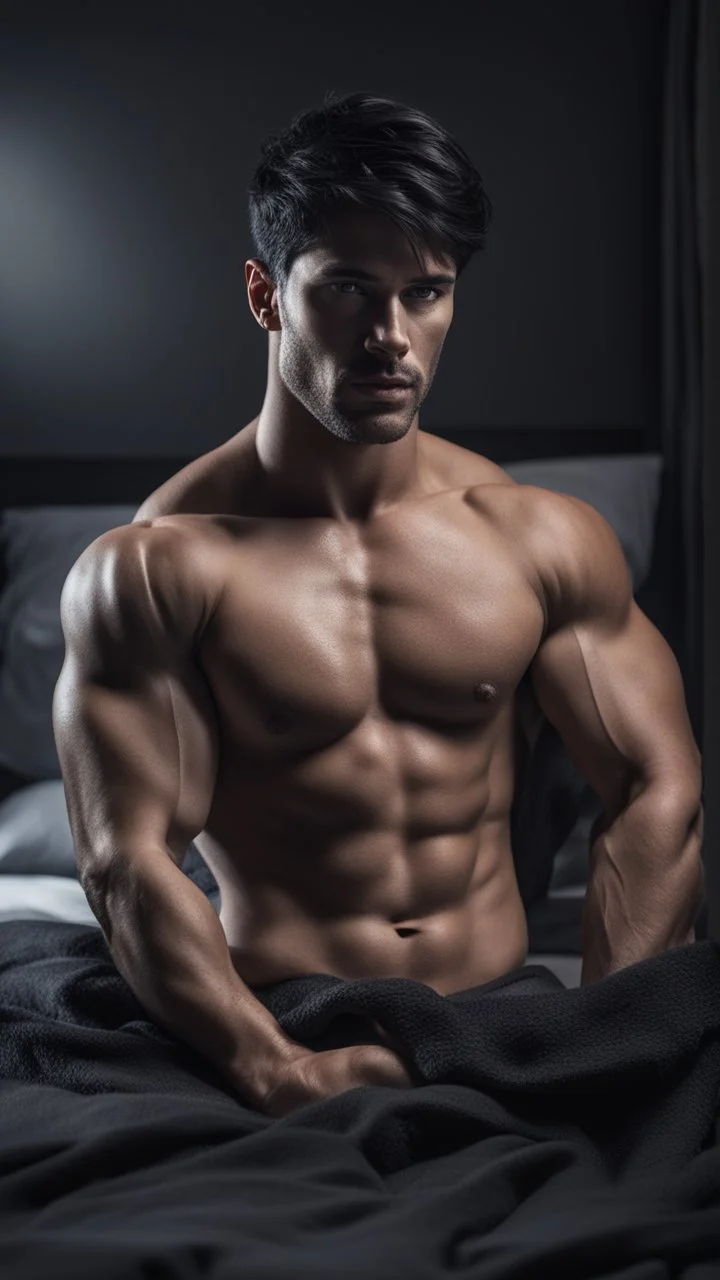 Hyper realistic extremely handsome muscular short black hair man wearing a black towel lying on bed in dark room