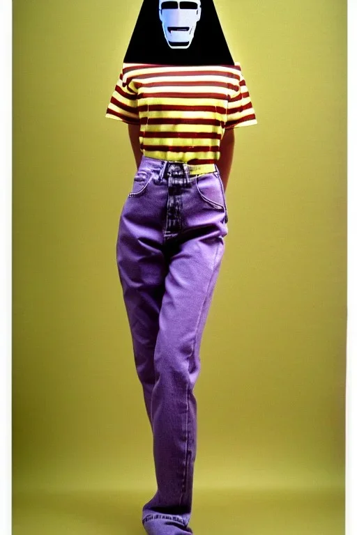 Photograph of a woman. Low waist jeans, baggy, loose fit, 1996,1997,1998!Big serigraph print of a plant!Terracotta,cream,purple,lilac. Cream colored latex parts. imperial yellow, red plum stripes, only on the top half of t-shirt. European daft punk woman. Mantle is sewed of recycled Denim and sewed together of recycled polymer felt. lace, Yellow(Munsell) areas. hint of orange as effect color!!Big bright purple/khaki felt tippet and cream or blue or lilac colored-hood. mantle is merged with cobal