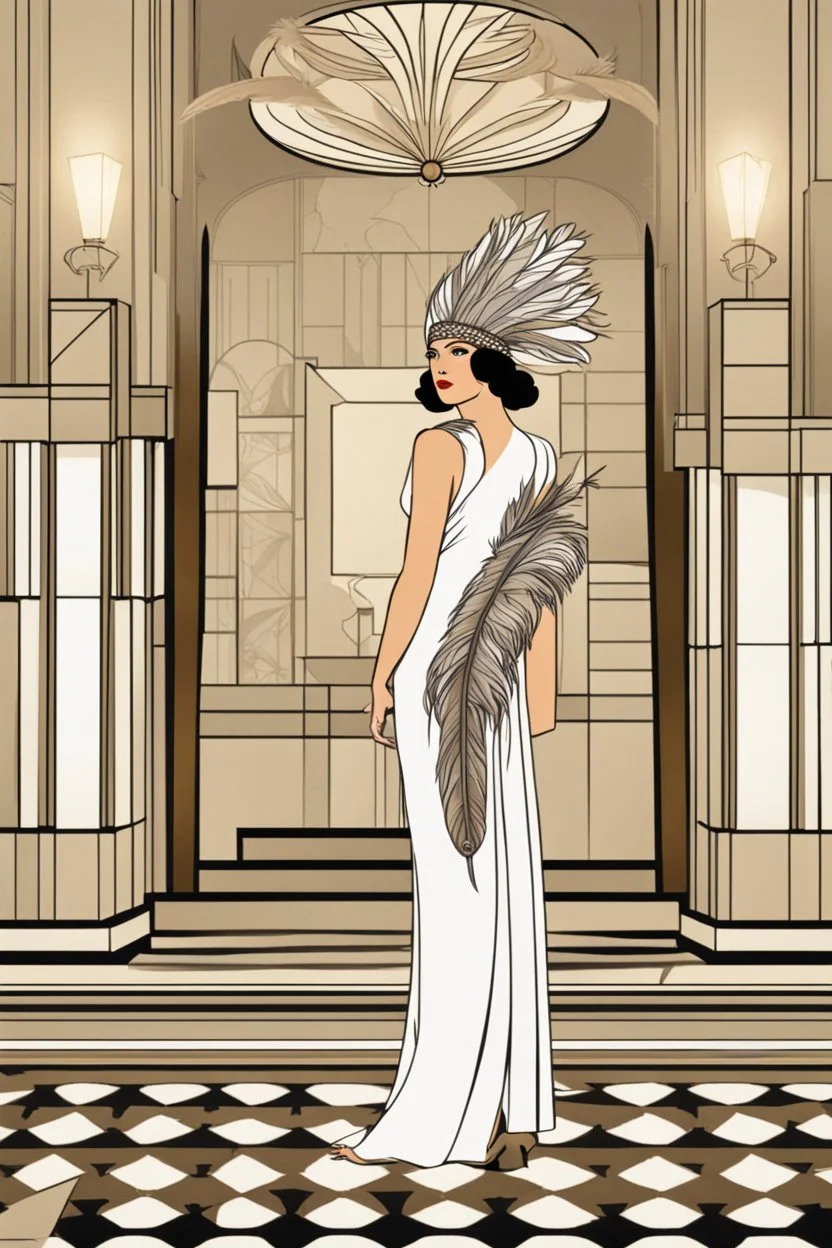 a woman with feathers in an Art Deco foyer