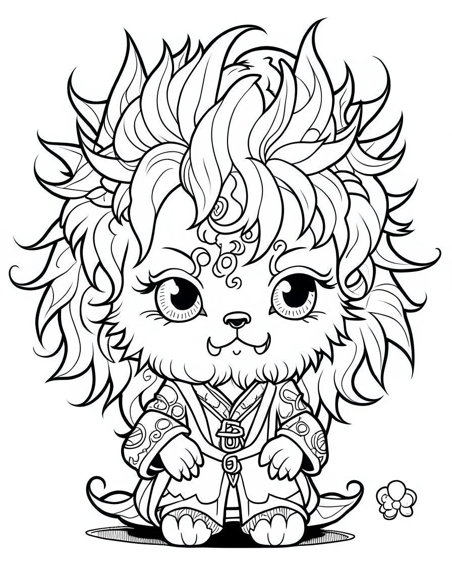 coloring page, Gothic chibi werewolf with wild, fluffy hair, Manga style, thick lines, low detail, no shading, --ar 9:11 --v 5,diffrent