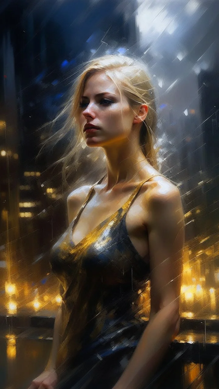 a beautiful woman with golden hair blending with thunder lightning in starry night sleeveless gown, rainy night,thunder lightning , art by Greg Rutkowski, WLOP Baptist Monge, Michael Garmash, Alberto Seveso and Russ Mills