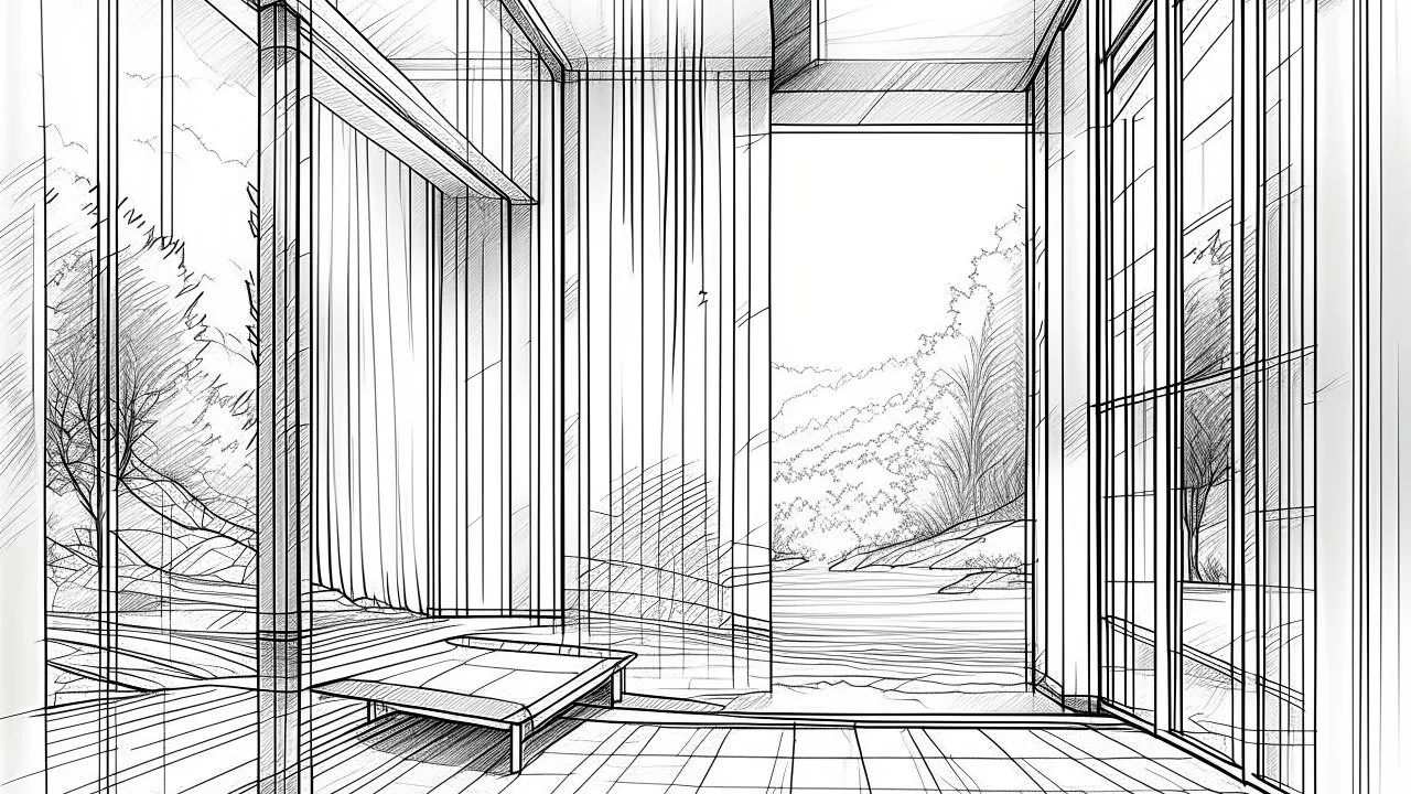 sketch lines, An expansive glass panel that opens up to a sunny sky, filling a modern interior with light, where the sound of water splashing can be heard from a waterfall feature, creating a tranquil atmosphere., pencil drawing