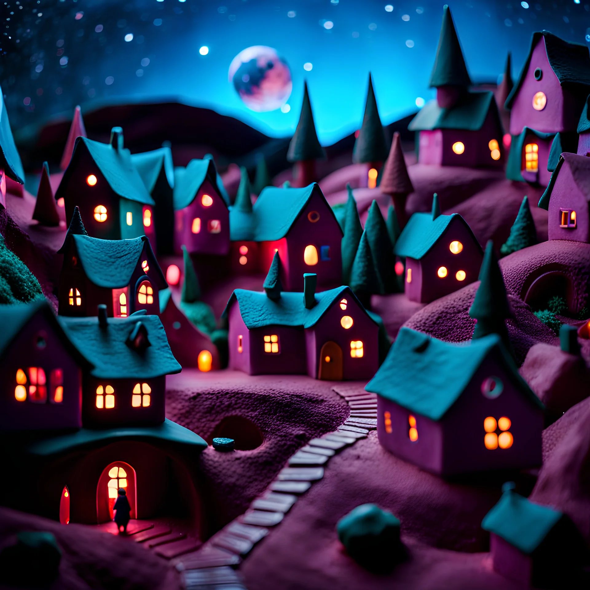 Odd dada village made of modeling clay, odd, block colours, houses, naïve, Tim Burton, Harry Potter, surreal landscape, sharp focus, colorful, stars and planets, bokeh, 8k, highly detailed, large format film, medium format film, shot on Hasselblad