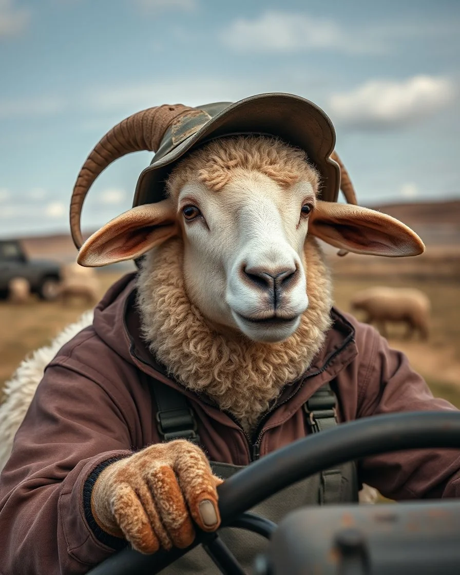 portrait with the head of a mechanic with a hybrid mixed body part sheep, working on an (close up old land rover 4wd) in the countryside