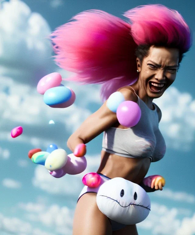 Ultra realistic speed clouds sky scene, wide angle view, sweet women falling down, feather inflatable color clothing, free jumping flying, many trinkets, hair monster, many jelly beans, balls, color smoke, smile, happy, circus style, extreme, wind, clouds sea, 20,000 feet altitude, stratosphere, soft color, highly detailed, unreal engine 5, ray tracing, RTX, lumen lighting, ultra detail, volumetric lighting, 3d, finely drawn, high definition, high resolution.