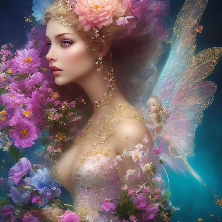 bright fairy, beautiful portrait, flowery landscape