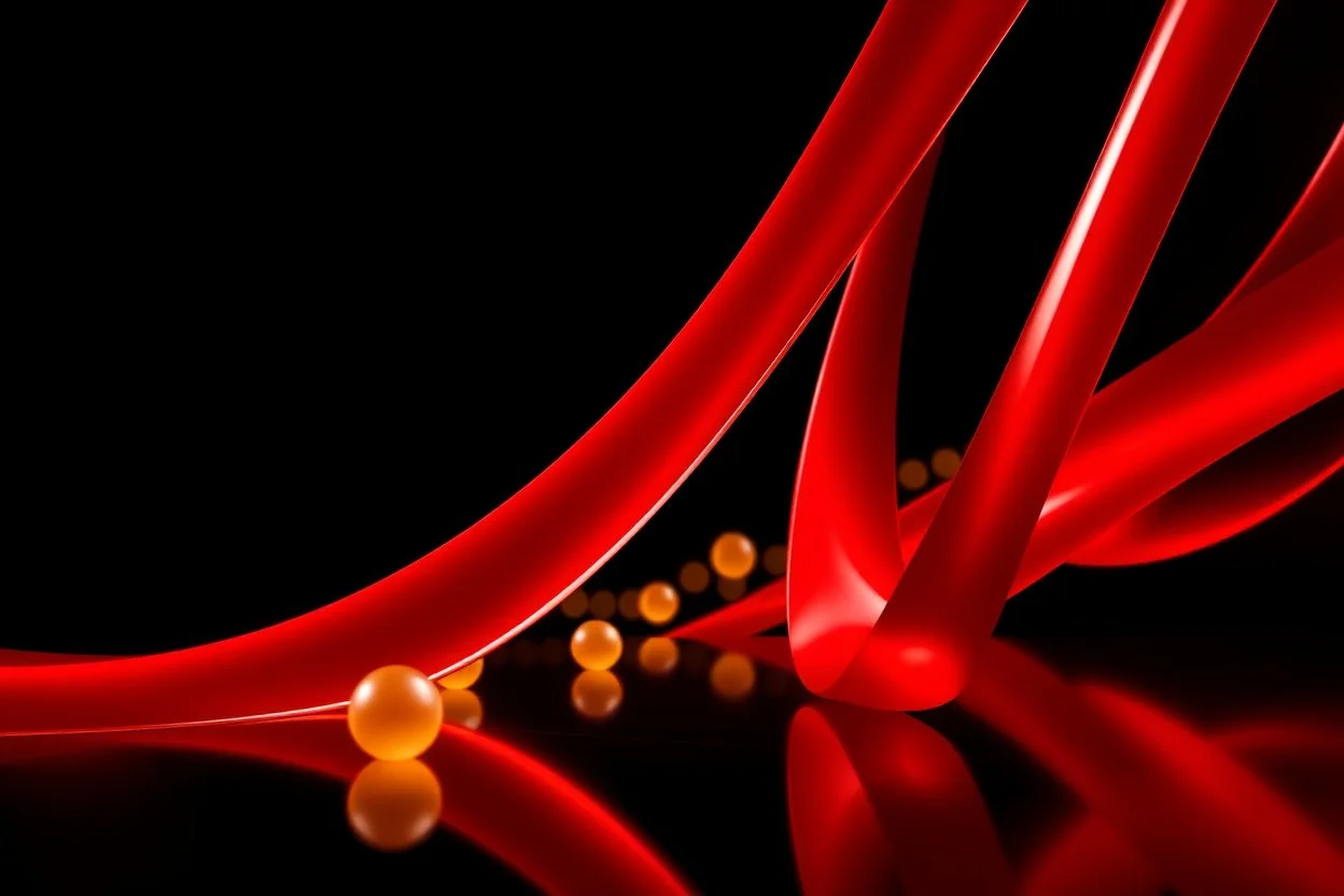 A striking abstract composition featuring flowing, high-shine red ribbons set against a deep black void. Diagonal architectural curves meet soft, out-of-focus golden light orbs. Bright reflective surfaces create a high-contrast look with a luxurious, high-tech feel. Cinematic color grading, sharp focus on textures.