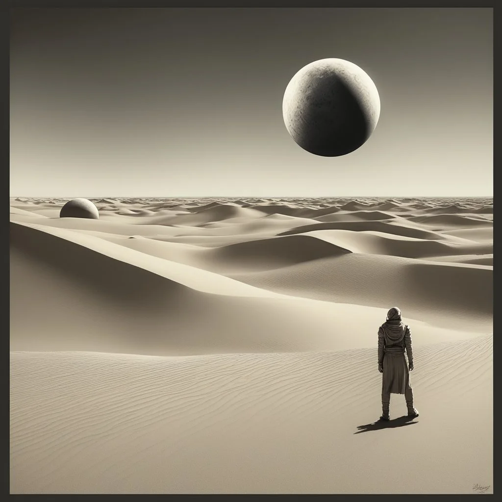 person alone in planet ,analog ,b&w ,Dune-Desert Planet Arrakis: Image of a barren, sandy desert planet with two moons in the sky, conveying the harsh environment of Arrakis., Alexandro Jodorowsy Art,Juan Gimenez Art,Space Art,Sci-Fic Art,Dark Influence,NijiExpress 3D v2,Kinetic Art,Datanoshing,Oil painting,Ink v3,Splash style,Abstract Art,Abstract Tech,CyberTech Elements,Futuristic,Epic style,Illustrated v3,Deco Influence,Air Brush style,drawing