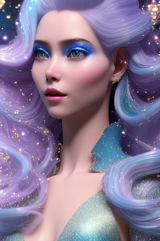 woman glitter blue fairy in a galactic ambiance, long blue hair, detailed gorgeous smile, delicate colors in the foreground, full of details, smooth, light effect，vaporwave colorful, smooth, extremely sharp detail, finely tuned detail, ultra high definition, 8 k, unreal engine 5, ultra sharpBeautyful smiling young woman, long hair amazing blue eyes, flowers, happy cosmic, bright colors, blue, pink, gold, jewels, realistic, photo real, clear sunny background, highly detailed, high contrast, 8k 