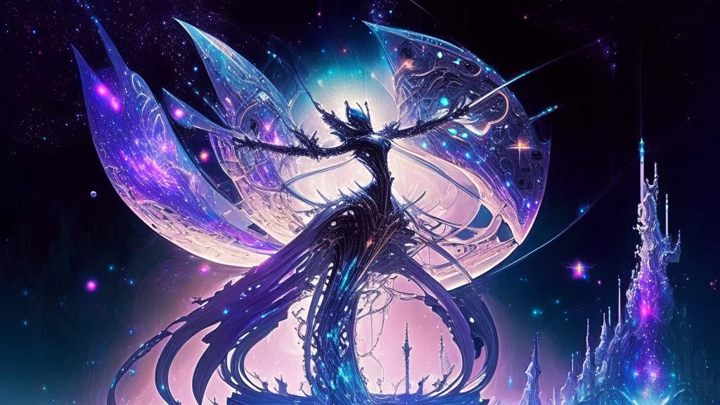 It is a paradox of delicate fantasy and formidable technology, its silhouette pulsing with extraordinary power yet draped with cosmic elegance. Capture this enigma, this tamer of untamed galaxies, through the prism of Matthews' fantastical style."