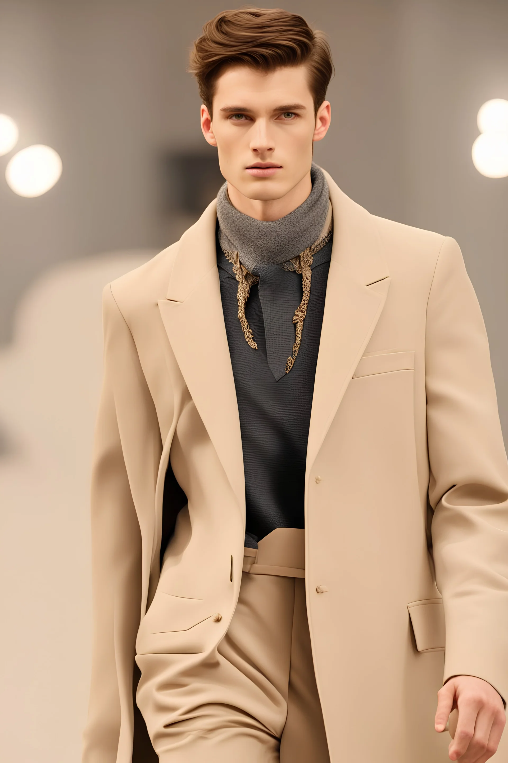 a guy winter fashion runway with modern clothes inspired by Superman style clothes, embroidery elegant fashion beige tones