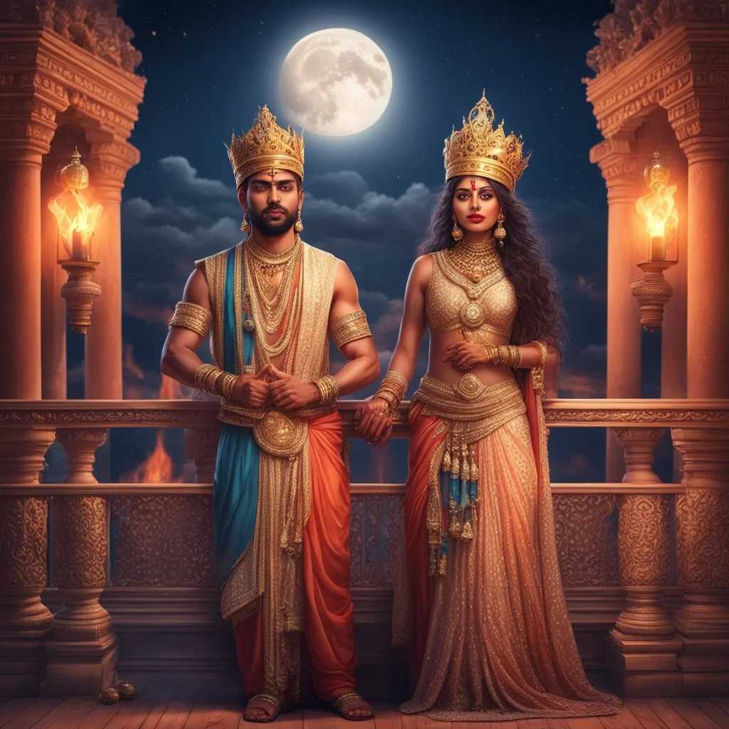 Hyper Realistic beautiful handsome Indian king & Queen in love on the balcony of an Indian palace at moon night with flame torches