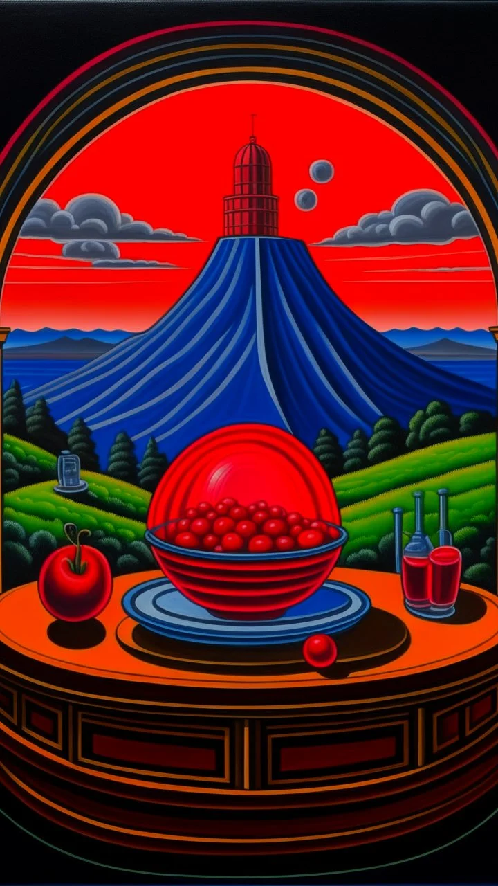 full shot of happy dandys eating cherries in a floating glass dome, dreamlike atmosphere, in the background the landscape burns like hell, in the style of juan gris