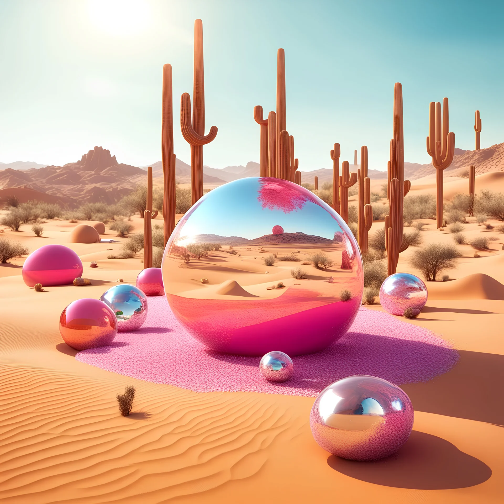 Bright, glittering, 3d, plastic-like, surreal objects in a bright environment, desert, noon light