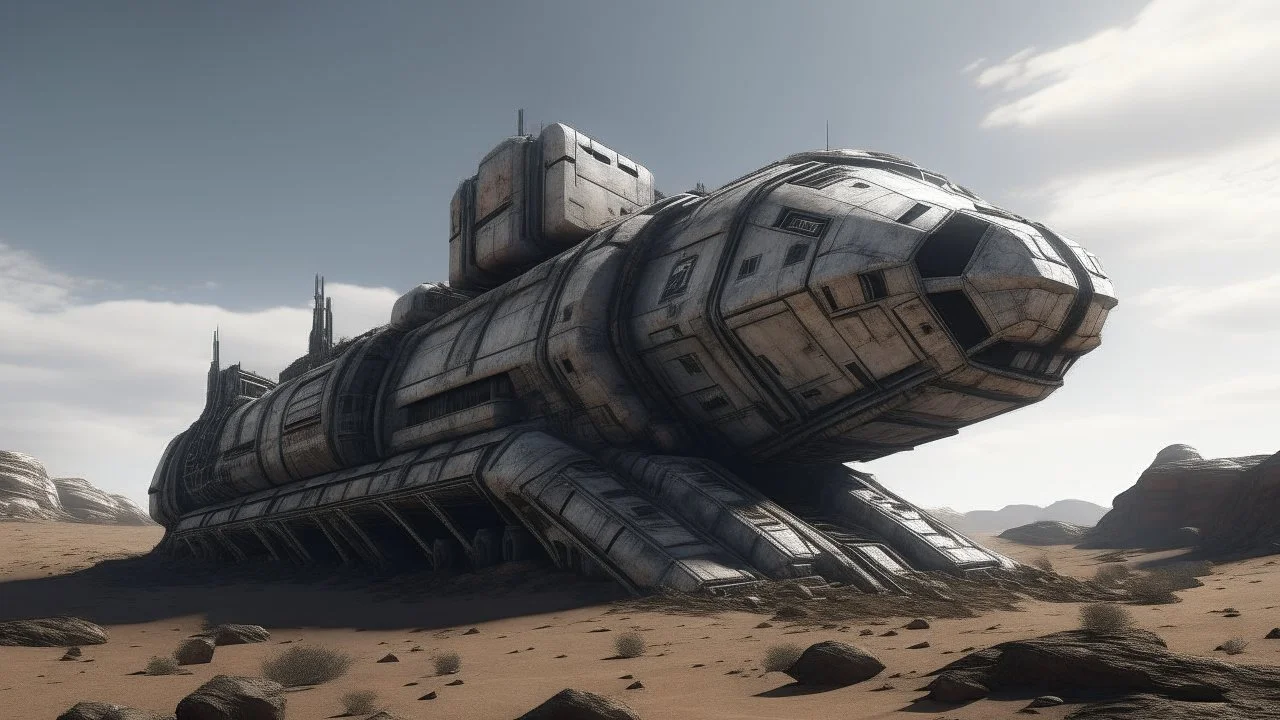 Sleek Cargo Spaceship Sitting In A Ruined Landscape