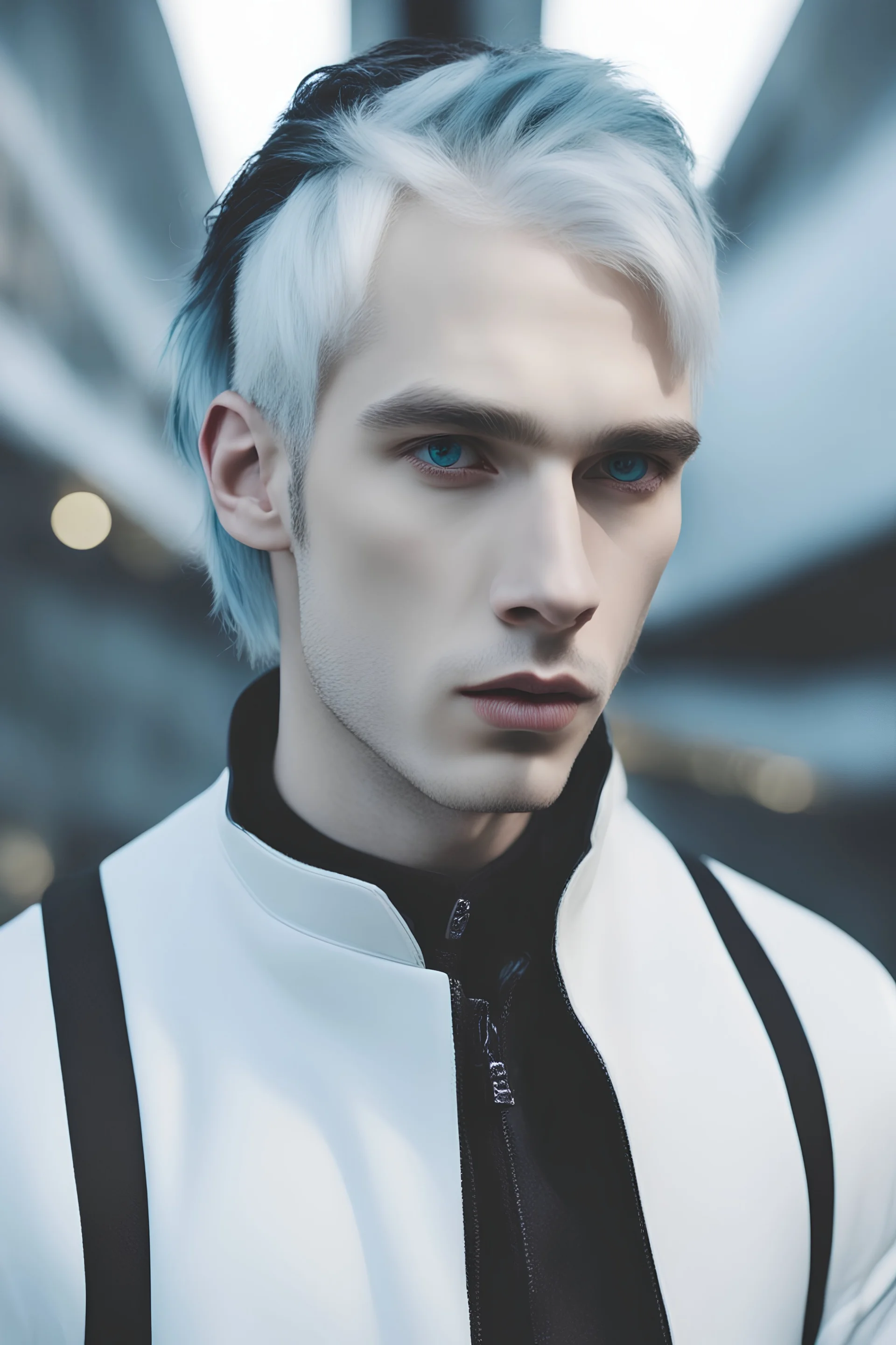 man with pale skin and ice blue eyes, white hair with a dyed black undercut