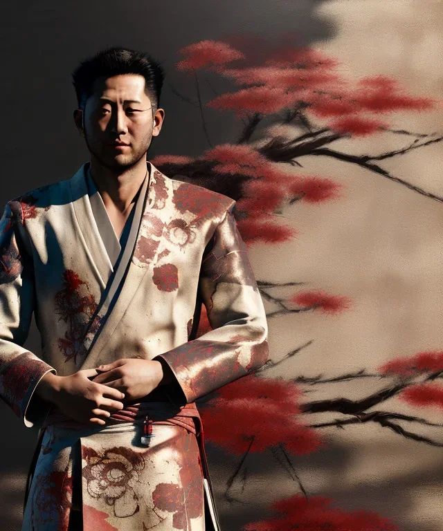 an abstract painting of rusted metal and flowers, Japan Samurai, Geisha style, 8K, a Highly detailed stunning portrait of Dom man holding a submissive woman by the chain, realistic face, white suit, beard, and short hair, bad boy