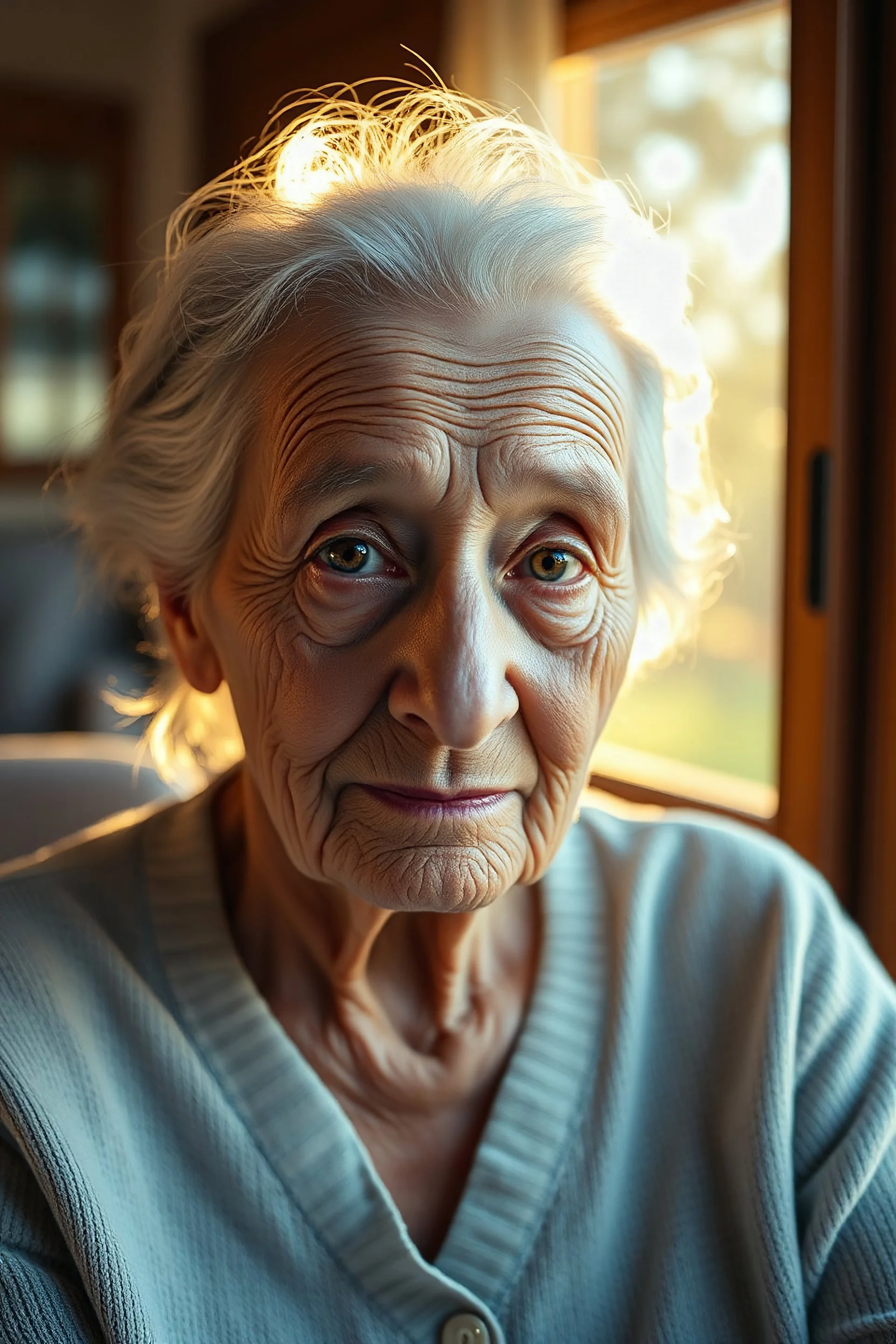 create a photorealistic portrait of an elderly woman sitting by the window in the late afternoon, with natural sunlight casting warm, golden light across her face revealing every wrinkle and the texture of her skin, sharp focus on her eyes showing depth, reflection, moisture, with a soft bokeh background of the room behind her. The scene should convey peace with detailed textures on the wooden window frame and the fabric of her clothing.