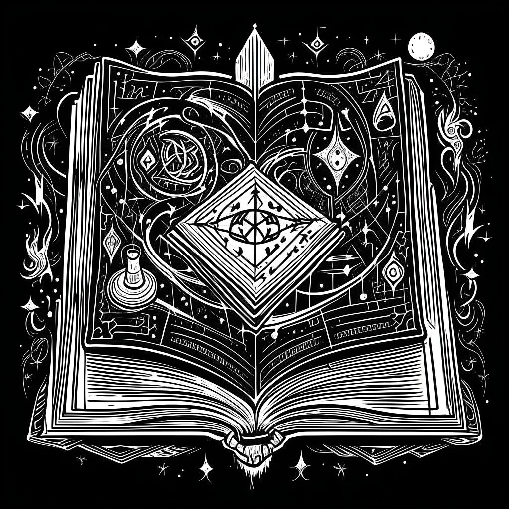 Make black and white cute drawing of a Spellbook with black bold lines. Only outline, no grayscale. A thick, glowing book with intricate designs on its cover. Show magical symbols and runes floating above the open pages, and surround it with tiny glowing motes of light.