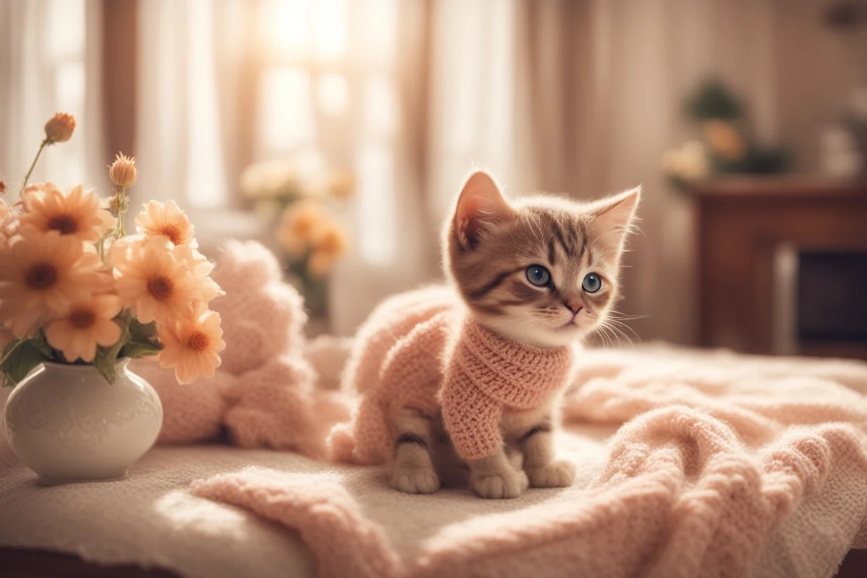 photorealistic image, browned, faded, last century style photograph with knitted and embroidered cute chibi anime kitten watching tv in an elegant room, flowers, in sunshine, edges of image appear burnt, ethereal, cinematic postprocessing, bokeh, dof