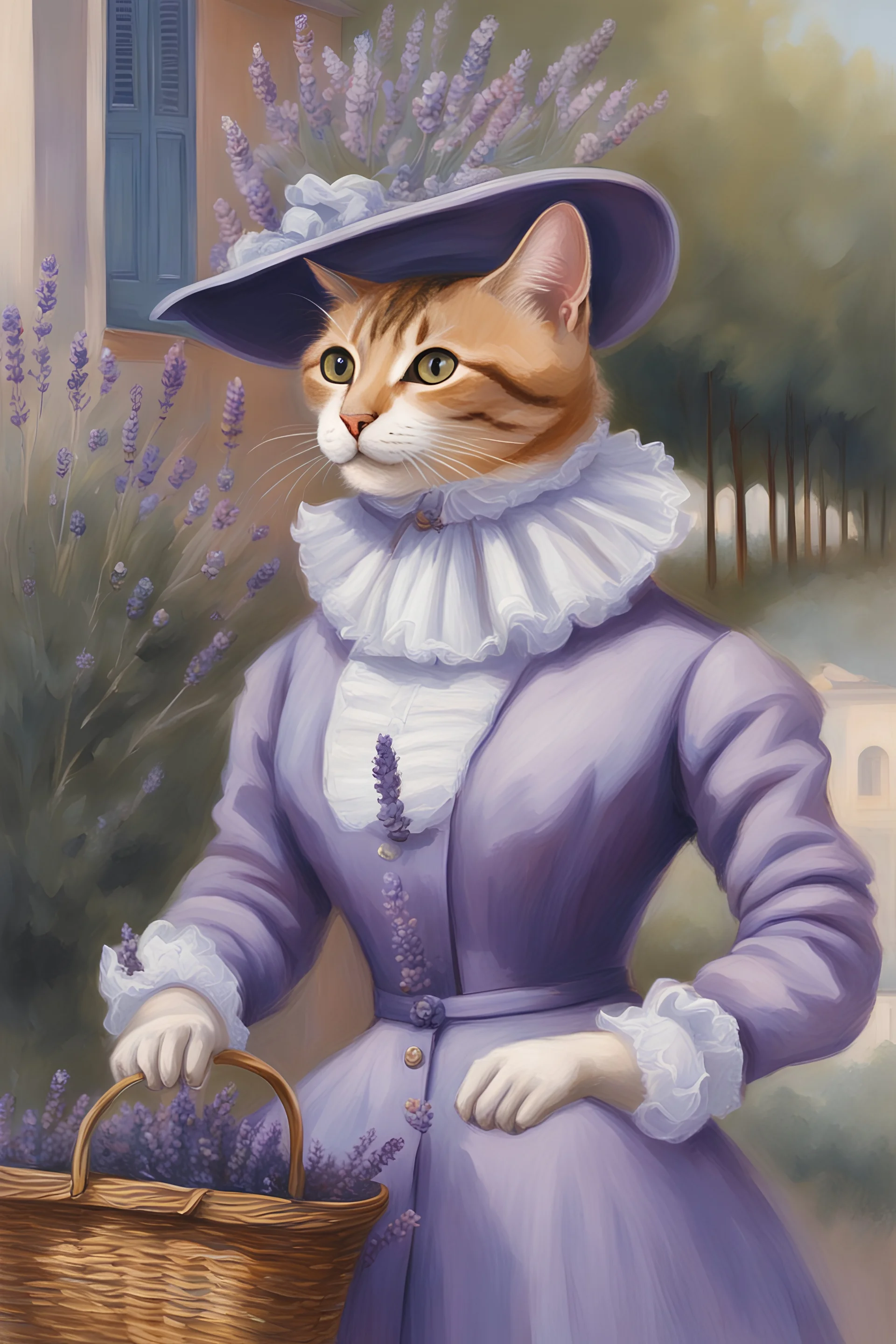 Painting of 1 anthropomorphic dressed female cat selling lavender in Vienna