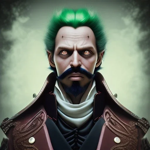 Lorenor Zorro with green hair from one piece, steam punk, scary, horror, realistic, made in octane, cinematic, movie, CGI, ultra-realistic, extremely detailed octane rendering, 8K, VRAY Super Real ar 2:3, dof photorealistic futuristic 50mm lens hard lighting dark gray tintype photograph, realistic lighting, sephia colors