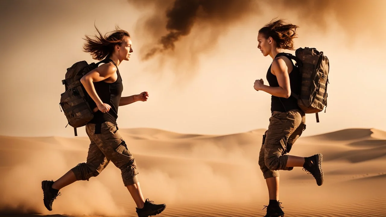 beautiful slender caucasian female technician wearing a backpack, jumping to cover, black tank top, well toned muscles, weathered face, scratched sand camo metal details, short brunette wavy bob haircut, dystopian, desert scene with smoke and explosions