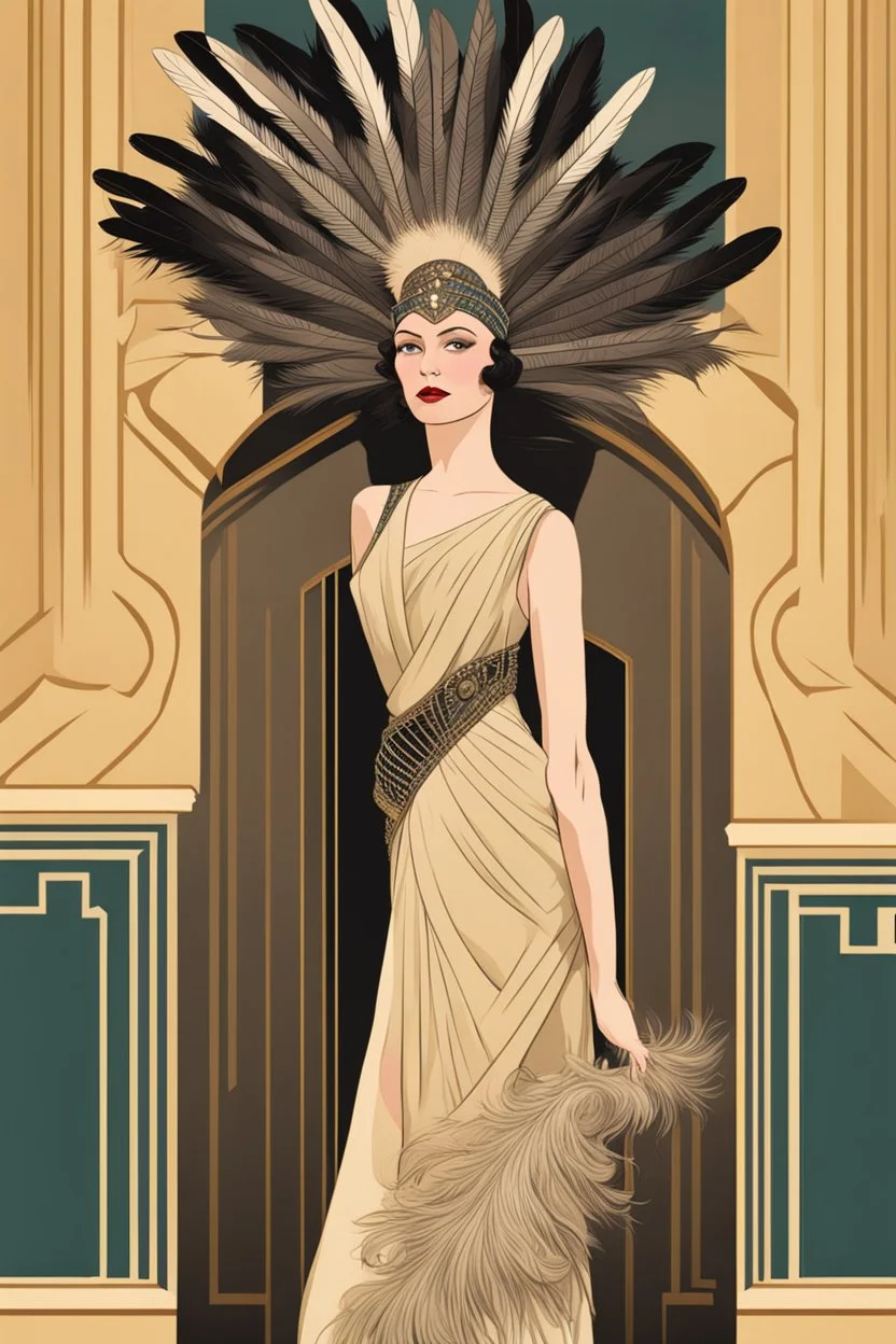 a woman with feathers in an Art Deco foyer