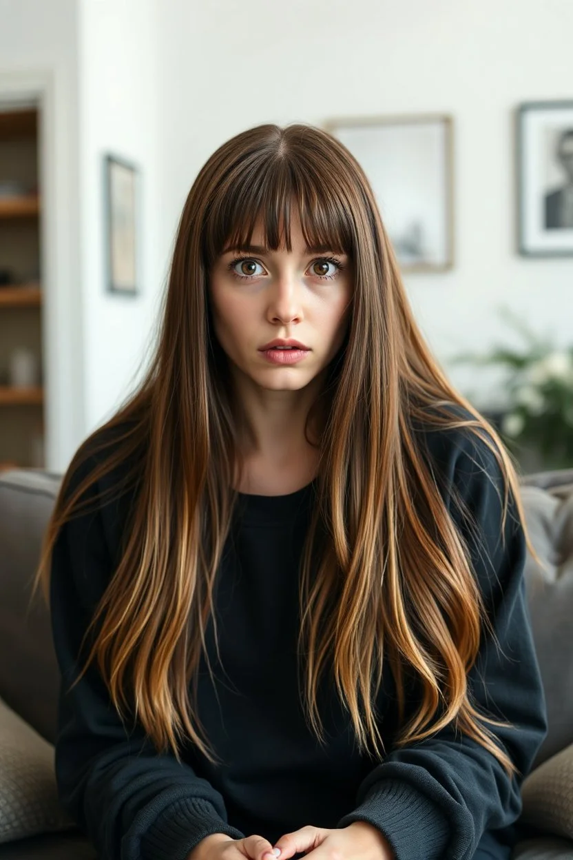 A portrait shot of an scared woman with long brown hair without bangs, red eyes, pale skin; wearing a long-sleeved black sweatshirt; sitting on a couch; modern living room setting during the day; semi-realistic style, pay attention to details