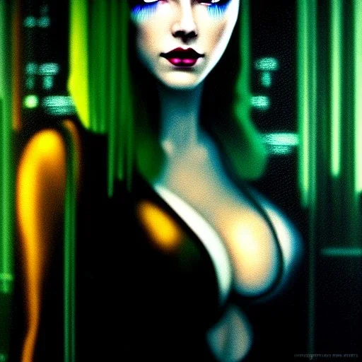 portrait oil on canvas, beautiful punk busty female Blade runner Replicant, intense stare, sad glowing eyes, post-apocalyptic in a cyberpunk city,minimal skintight latex dress, bladerunner movie poster, realistic, Crystal Big green eyes , intricate detail, , sci-fi fantasy style, masterpiece, volumetric lighting, particles, highly detailed ,cinematic , deep colours,8k, in the style of Kaare Andrew