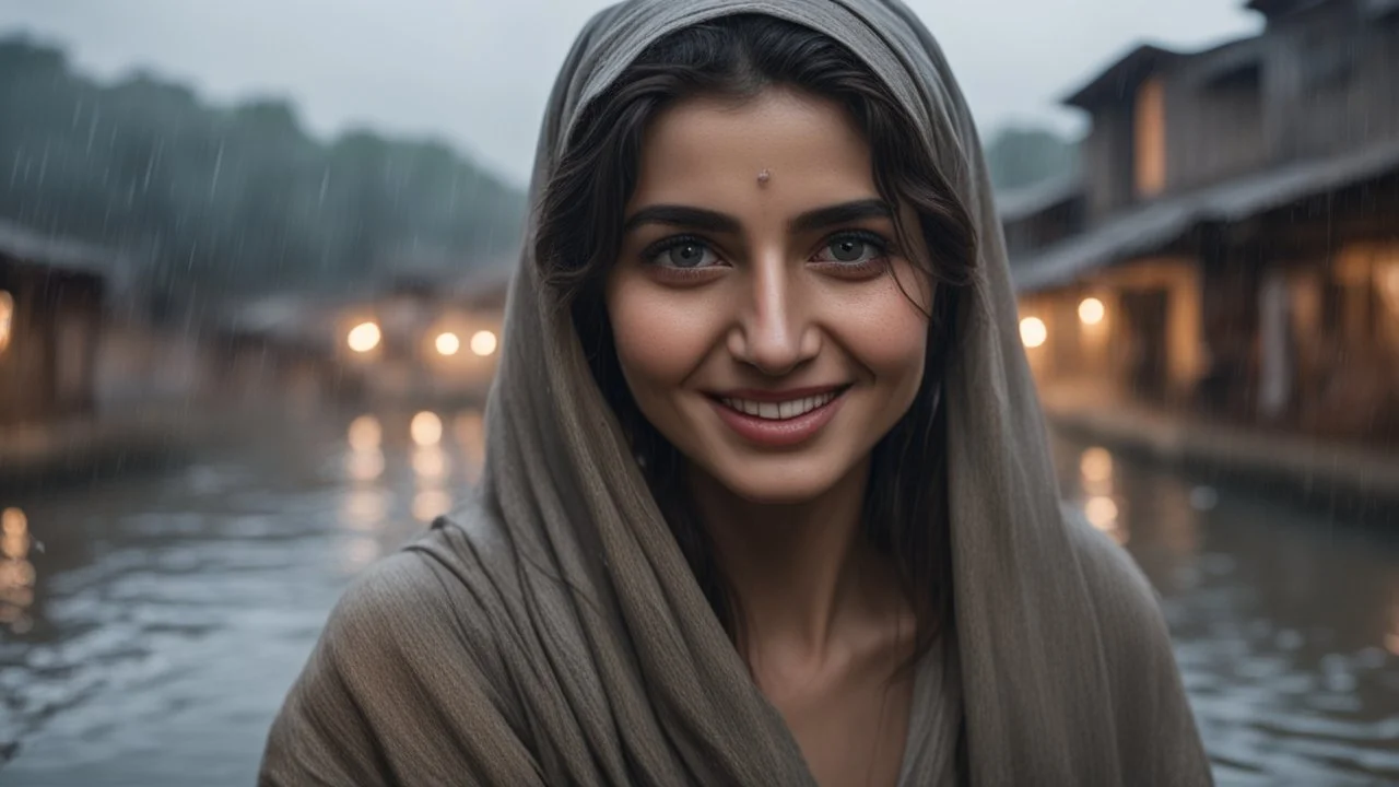 Hyper Realistic close-up-face-view of Beautiful-Happy-Pashto-Woman-with-beautiful-eyes whirling across the streets of her village riverside at heavy-rainy-night with dramatic-&-cinematic-ambiance